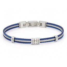 Bracelet with blue and white PVD steel cable centr
